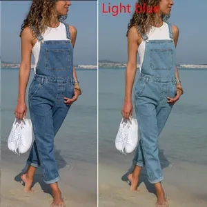 High-quality comparison of two colors for casual women's denim overalls on a beach background