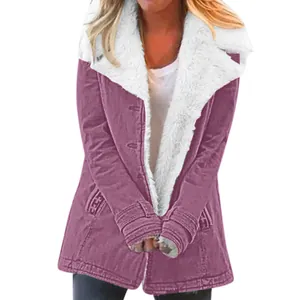 Women's stylish mid-length winter coat with white plush lapel in purple solid color