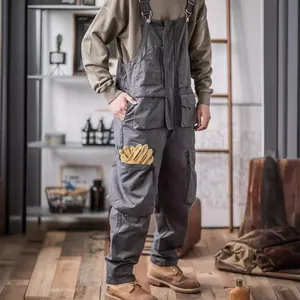 Vintage grijze heren tuinbroek met losse pasvorm en multi-pocket ontwerp