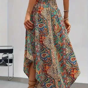 Bohemian ethnic floral print A-line maxi skirt with vibrant patterns and elegant high waist