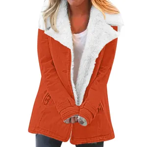 Women's stylish autumn winter orange mid-length coat with soft white faux fur collar