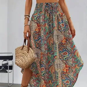 Bohemian floral printed A-line maxi skirt with smocked high waist for summer