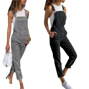 Women's casual denim overalls in grey and black colors worn with white tank tops