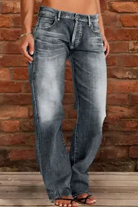 Women's slim fit washed flared jeans in a vintage greyish blue denim fabric finish.