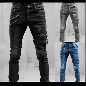 Men Biker Style Slim Fit Jeans Distressed Ripped Denim Pants With Metal Zipper Buckle Straps Cotton Stretch Pencil Trousers