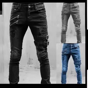 Vaqueros Ajustados para Hombre Corte Slim Estilo Motero Pantalones de Mezclilla Desgastados con Detalles de Cremallera y Hebilla Pantalones de Algodón Streetwear Casual para Hombre