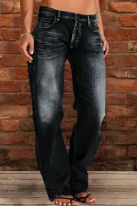 Dark blue distressed flare jeans for women with heavy wash and vintage fade effect