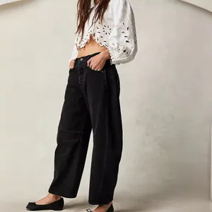 Women's black wide-leg loose fit washed denim jeans with baggy barrel leg style
