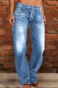 Stylish women's blue washed flare jeans with high waist and distressed denim finish