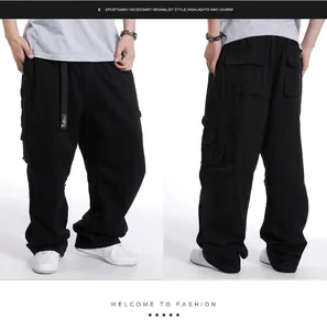 Detailed front and back views of men's loose black multi-pocket cargo pants in a hip-hop style