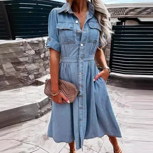 Vintage blue denim button-down midi dress with lapel collar and short sleeves