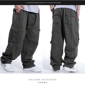 Baggy men's cargo pants with multiple pockets in dark olive grey fashion hip hop style