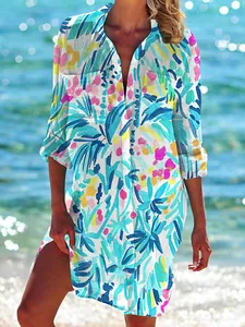 Bohemian style women's colorful abstract leaf print beach cover up shirt with pockets