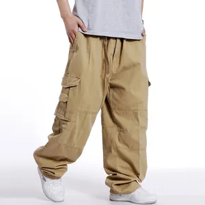 Oversized khaki cargo pants with multiple utility pockets for men hip-hop streetwear style