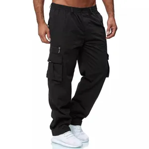 Professional men's black straight leg cargo pants with multiple pockets and elastic waist