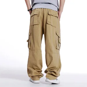Rear view of loose fit khaki cargo pants with large back and side pockets