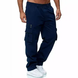 Men's navy blue straight-leg cargo pants with drawstring waist and multiple pockets