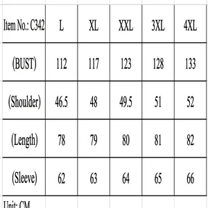 Detailed size chart for men's casual flannel long sleeve shirt C342 including bust and length.