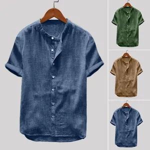 Lässiges Herren Baumwollmischung Kurzarmhemd Stehkragen Patchwork Einfarbig Lockeres Oberteil Für Sommer Alltag Mode Kleidung