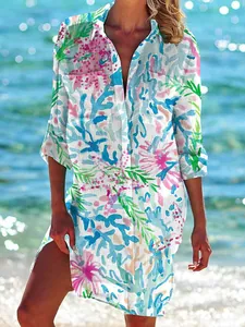 Tropical floral print beach cover-up shirt dress with pockets for summer vacation