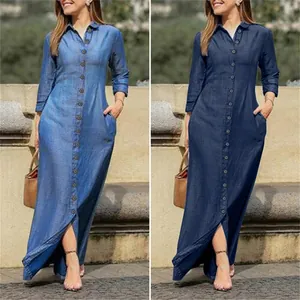 Casual denim maxi dress with shirt collar and side pockets in two shades of blue