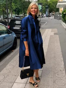Elegant navy blue metallic midi shirt dress with long sleeves for women, street style