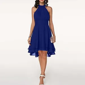 Women Halter Neck Sleeveless Polyester Maxi Dress Double Layer Ruffle Irregular Hem A-Line Elegant Party Dress