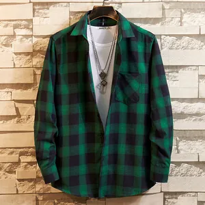 Men's green and black plaid flannel shirt with front pocket and button details