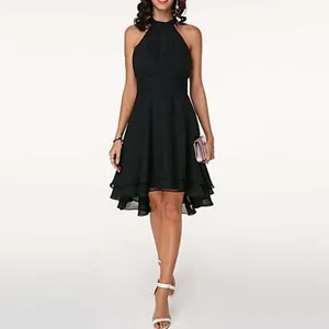 Elegant black sleeveless chiffon dress with asymmetrical ruffled double-layered hemline