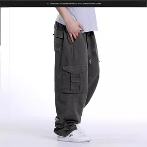 Men's plus size loose fit cargo pants with multiple pockets in charcoal grey