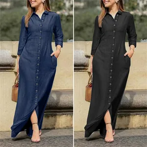 Detailed comparison of full-length casual denim shirt dresses in navy blue and black colors