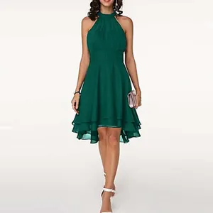 Elegant dark green sleeveless chiffon dress with double-layered ruffled hem and halter neck