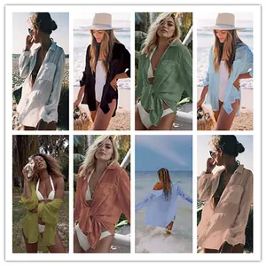 Grid view displaying multiple color options of textured beach cover-up shirts on models