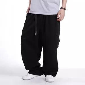 Men's oversized black loose-fit cargo pants with drawstring and multi-pockets for hip-hop style