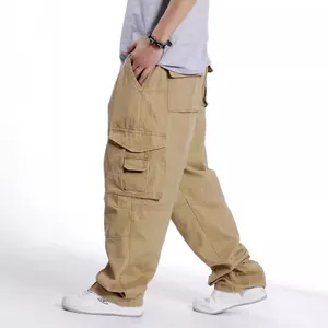Men's plus size khaki cargo pants featuring a loose wide-leg fit and multiple utility pockets