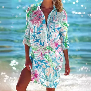 Women's loose cotton linen floral print button-down shirt dress for beach vacations