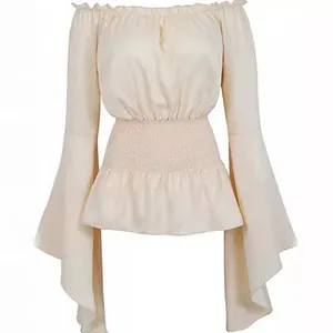 Women Renaissance Off Shoulder Blouse Medieval Smocked Waist Flared Sleeve Top Bohemian Vintage Pirate Cosplay Costume Shirt
