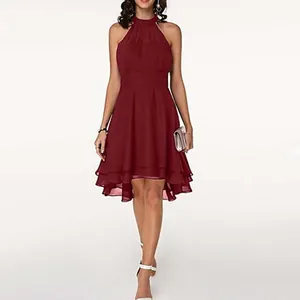 Elegant wine red sleeveless chiffon dress featuring a layered ruffle asymmetrical hemline