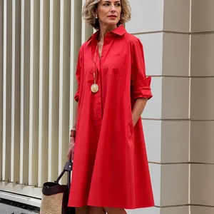 Women's Casual Cotton Linen Shirt Dress Mid-Length Long Sleeve Button Down Loose Fit Solid Color Commuter Elegant Midi Dress Top