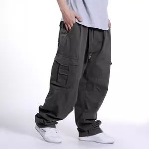 Loose men's cargo pants in dark grey with multi-pocket design and hip hop style