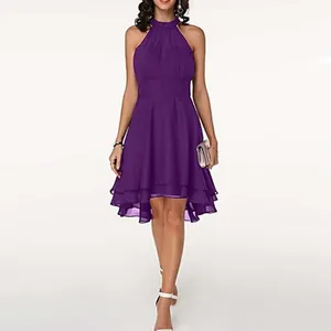 Elegant sleeveless purple chiffon dress featuring a double-layered ruffled high-low hemline.