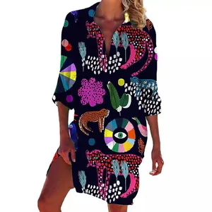 Stylish women's cotton linen shirt dress with colorful leopard and abstract art prints