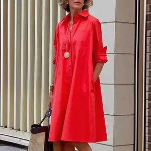 Women Casual Cotton Linen Button Down Shirt Dress Loose Long Sleeve Lapel Midi Dress Solid Color Gradient Elegant Comfort Top