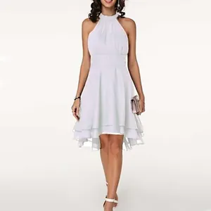 White sleeveless chiffon dress with double-layered irregular ruffle hem and halter neck.