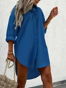 Casual blue oversized long-sleeved button-down cotton shirt for women chic street fashion