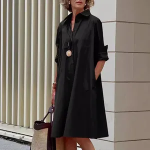Loose black cotton linen midi shirt dress with collar for women street style