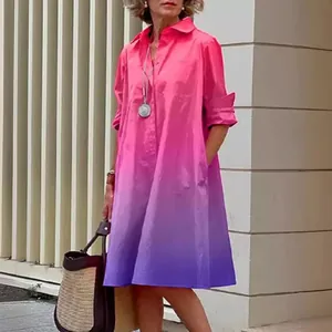 Casual pink-to-purple gradient linen button-up long-sleeve loose shirt dress for women