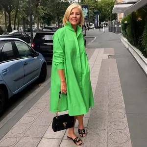Minimalist loose long-sleeved bright green cotton linen shirt dress for women