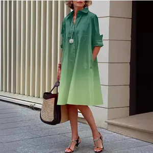 Green gradient cotton linen button-down midi shirt dress with long sleeves and loose fit