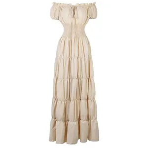 Elegante vestido largo medieval renacentista crema con cintura elástica y falda de volantes
